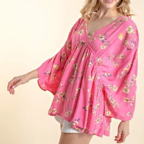 143 Story By Line Up Pink Floral 3/4 Sleeve Top Blouse - Picture 11 of 13